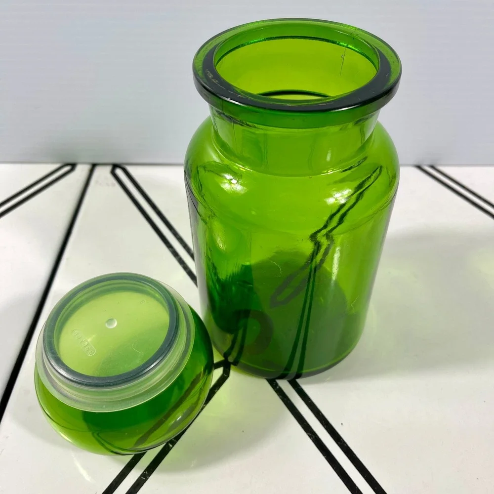 Vintage Belgium Green Glass Apothecary Jar Bubble Lid Canister‎ ~8.5-9